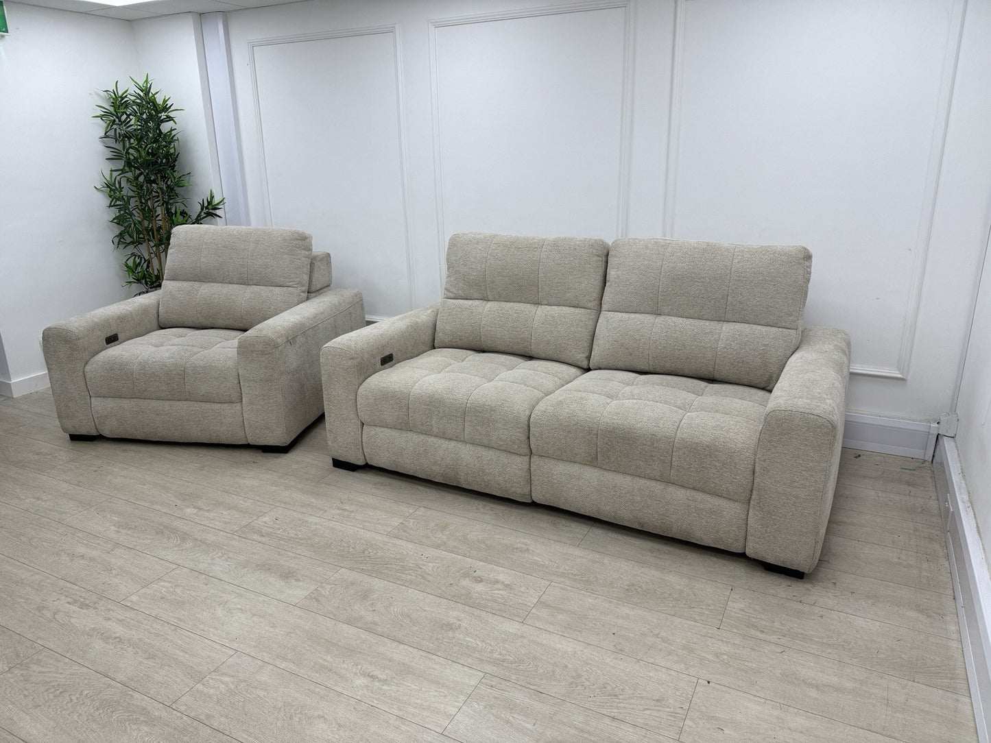 DFS Una Power Slider 3 Seater Sofa & Chair Set In Roma Oyster Fabric