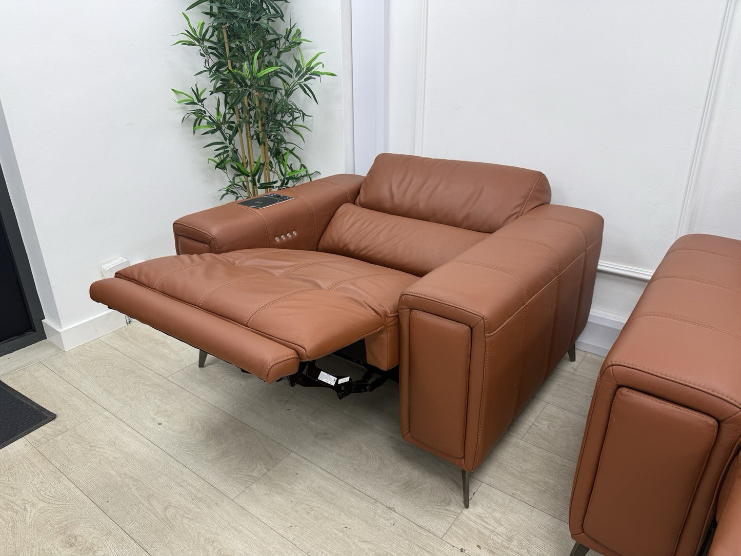 DFS Showcase 3 Seater Sofa With Smart Console & Armchair In Cinnamon Leather