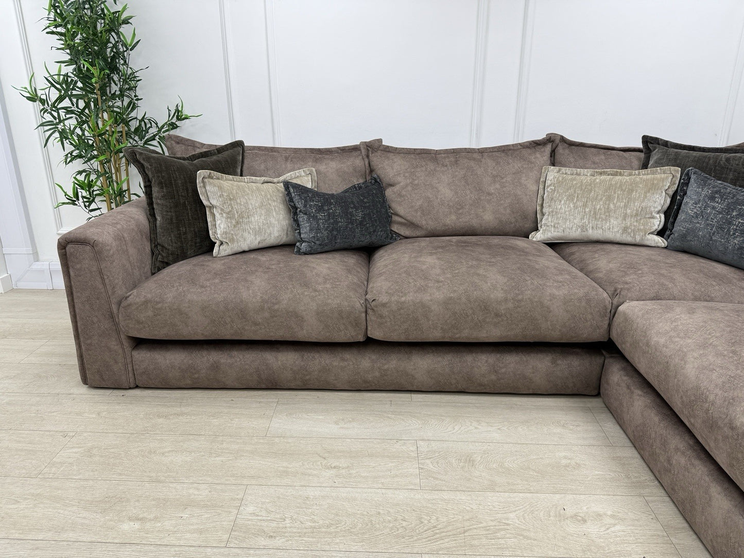 DFS Devine Left Hand Facing Corner Sofa In Self Piped Chocolate Combination