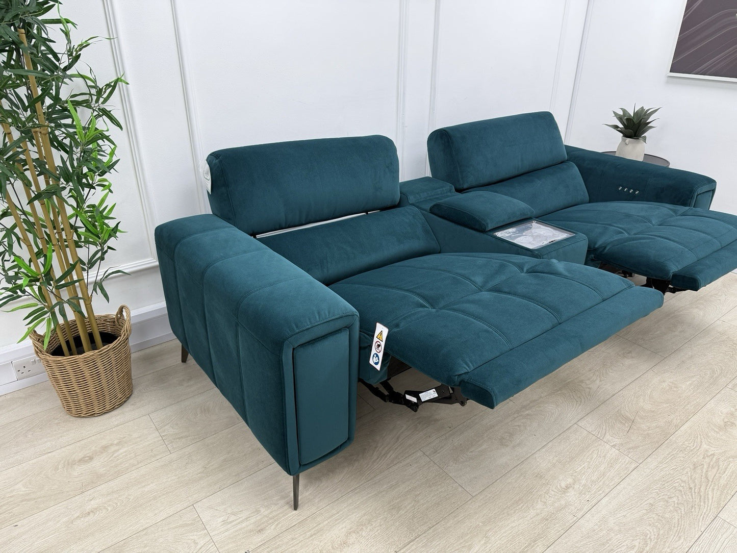 DFS Showcase Power Recliner 3 Seater Cinema Sofa In Teal Velvet Fabric