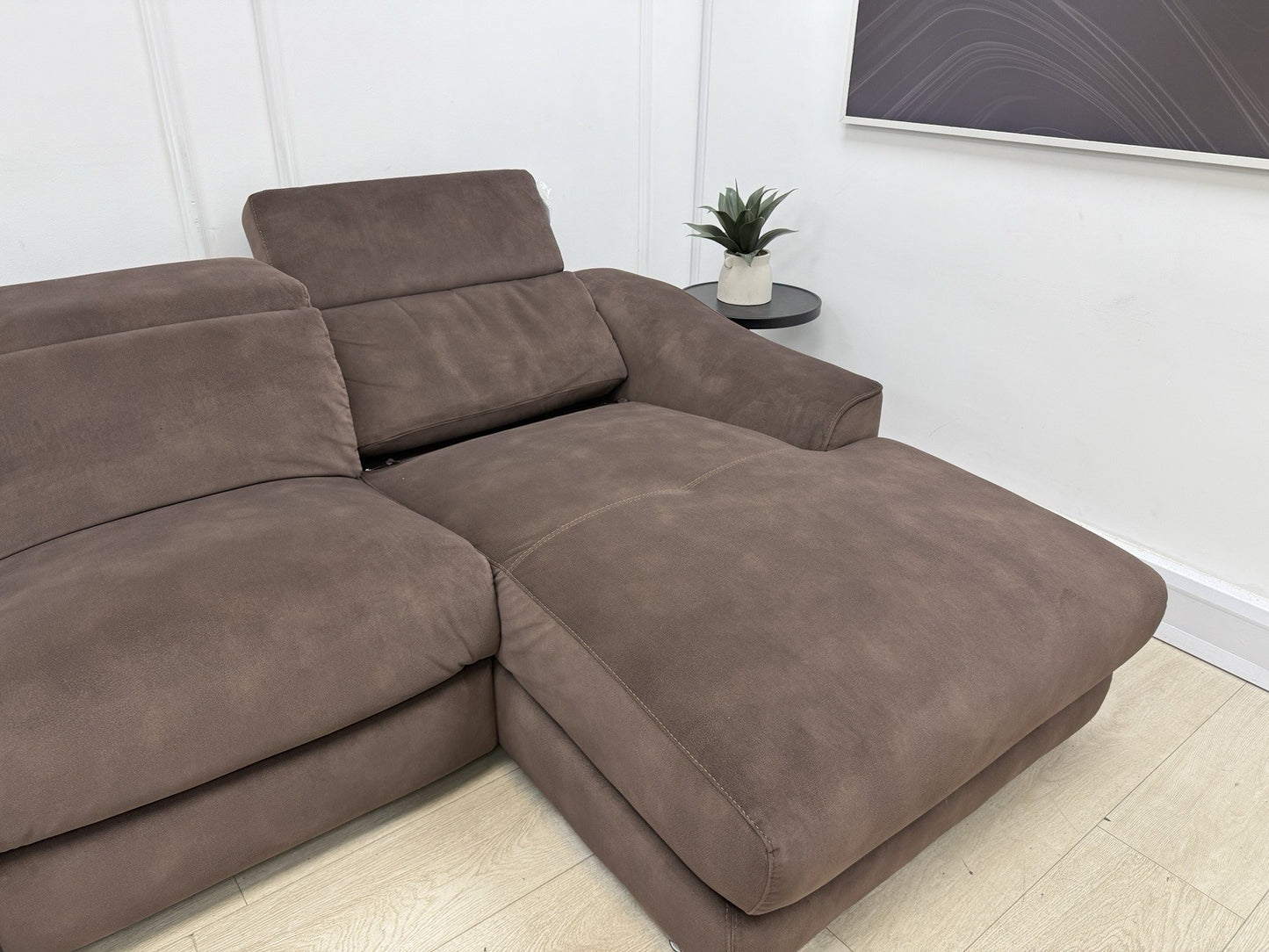 Furniture Village Xavier 3 Seater Chaise Sofa Power Recliner/Headrests In Brown Fabric