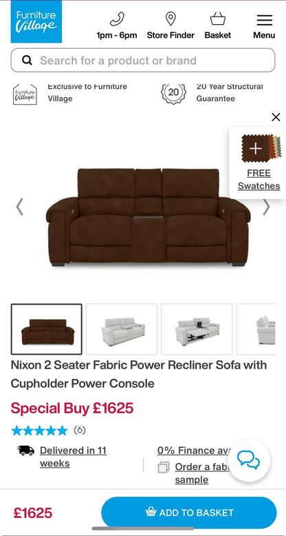 Furniture Village Nixon 2 Seater Power Recliner Sofa In Caramel Fabric