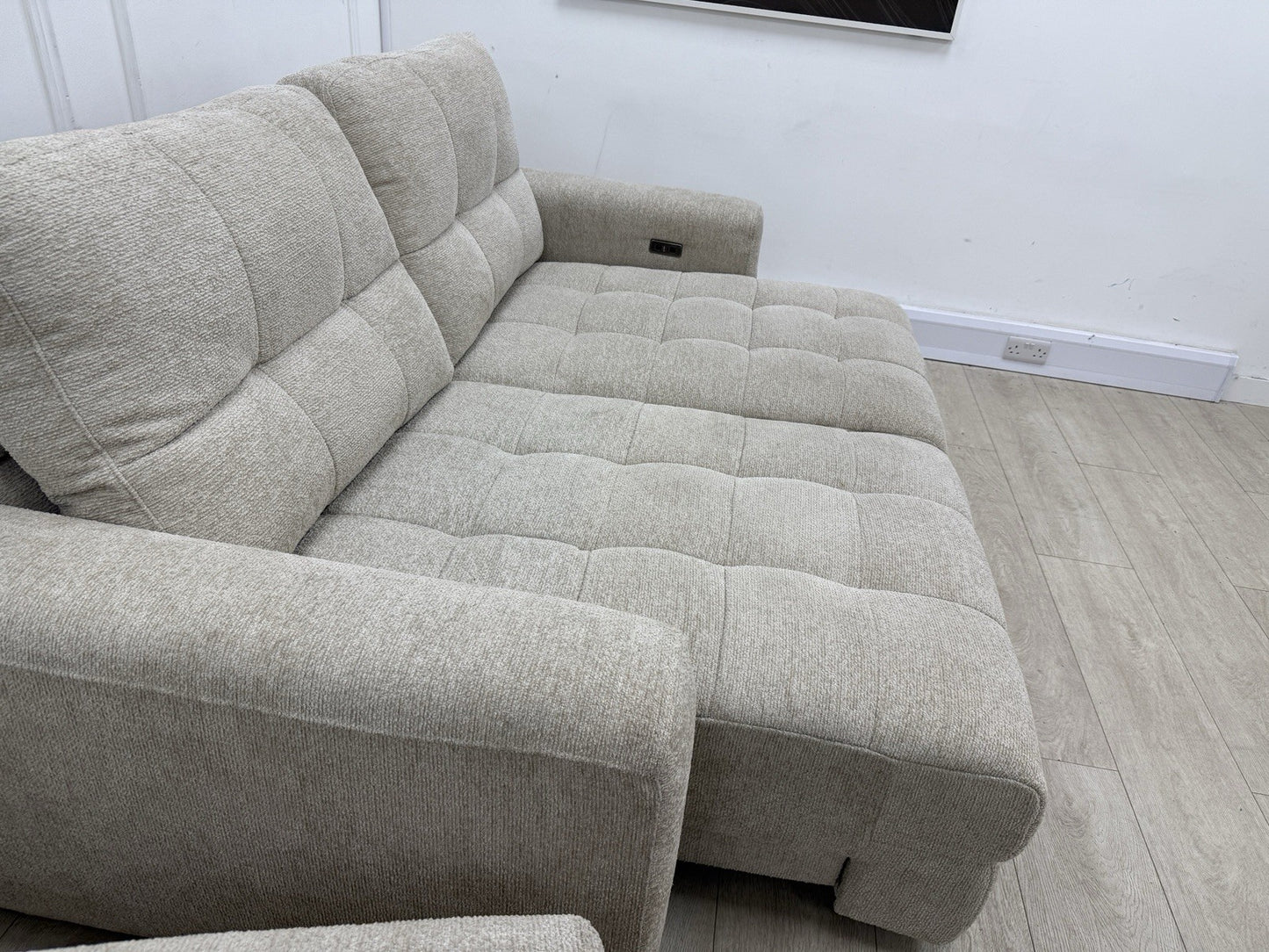 DFS Una Power Slider 3 Seater Sofa & Chair Set In Roma Oyster Fabric