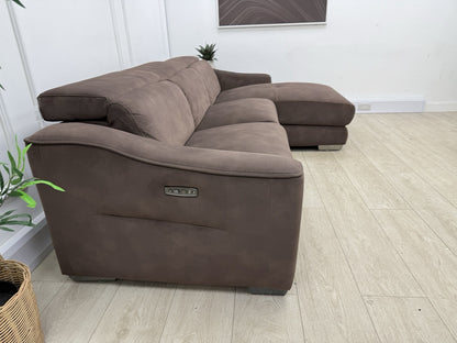 Furniture Village Xavier 3 Seater Chaise Sofa Power Recliner/Headrests In Brown Fabric