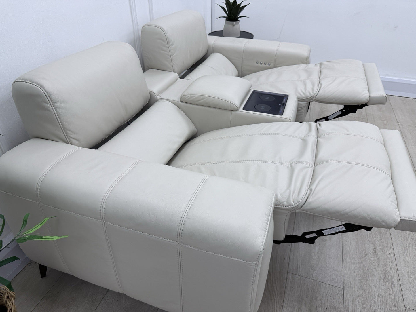 DFS Showcase 2 Seater Cinema Power Recliner Sofa With Console In Frost Leather
