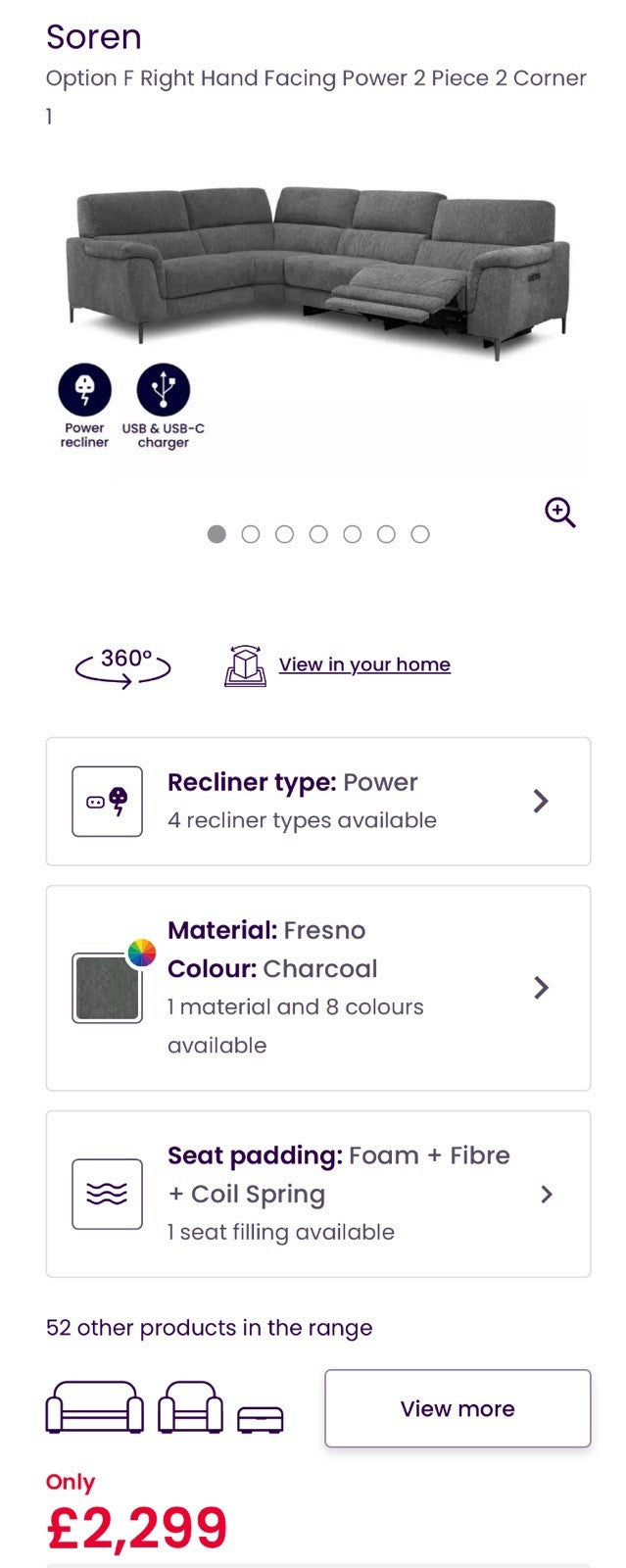 DFS Soren Power Recliner Corner Sofa & Footstool In Charcoal