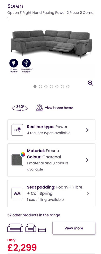 DFS Soren Power Recliner Corner Sofa & Footstool In Charcoal