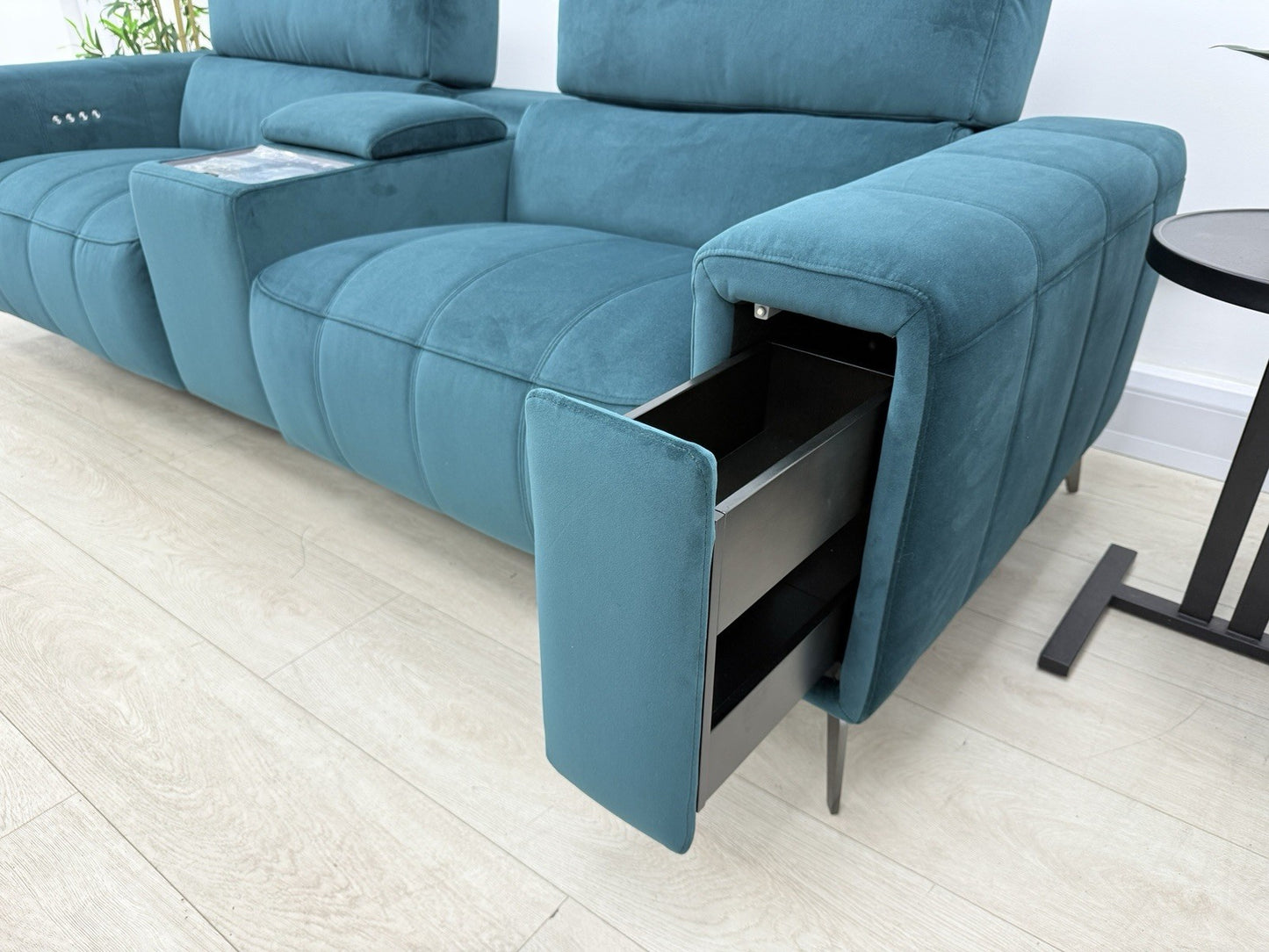 DFS Showcase Power Recliner 3 Seater Cinema Sofa In Teal Velvet Fabric