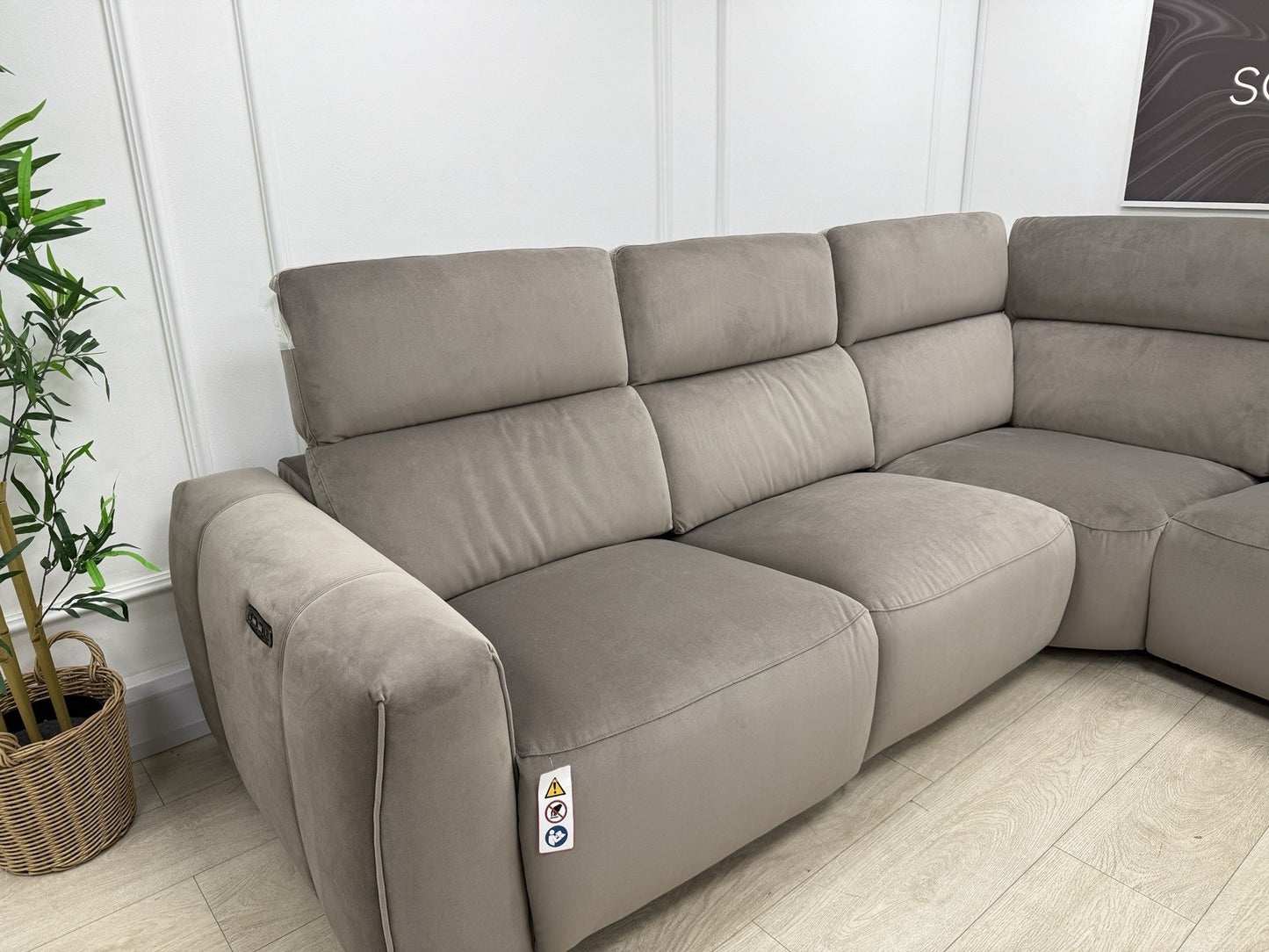 DFS Lauder Power Recliner Corner Sofa In Taupe Velvet Fabric