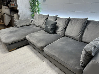 DFS Plush Velvet L Shape Sofa In Grey