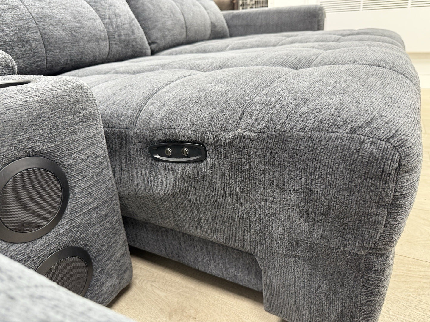 DFS Steller Power Recliner Corner Sofa W/ Speaker Storage In Nuova Black Fabric