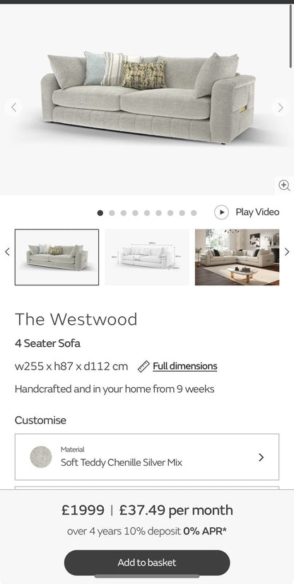 Sofology The Westwood 4 Seater Sofa, Loveseat & Footstool In Silver Chenille