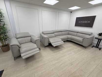 DFS Tahiti Leather Power Recliner Corner Sofa & Armchair Set In Light Grey