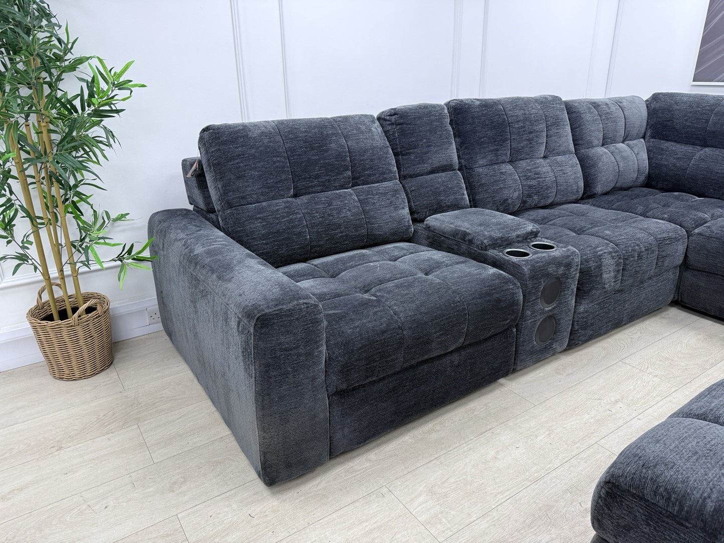DFS Steller Power Recliner Slider Corner Sofa In Black Fabric
