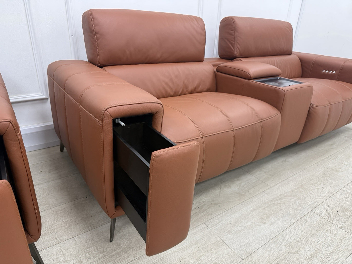 DFS Showcase 3 Seater Sofa With Smart Console & Armchair In Cinnamon Leather