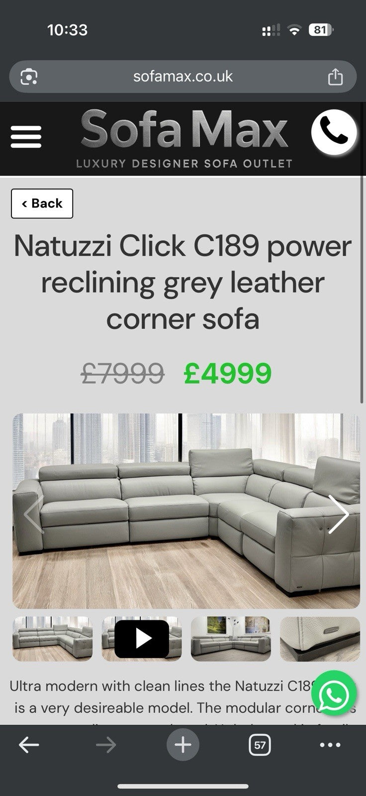Natuzzi Click Modular Power Recliner Corner Sofa In Grey Leather