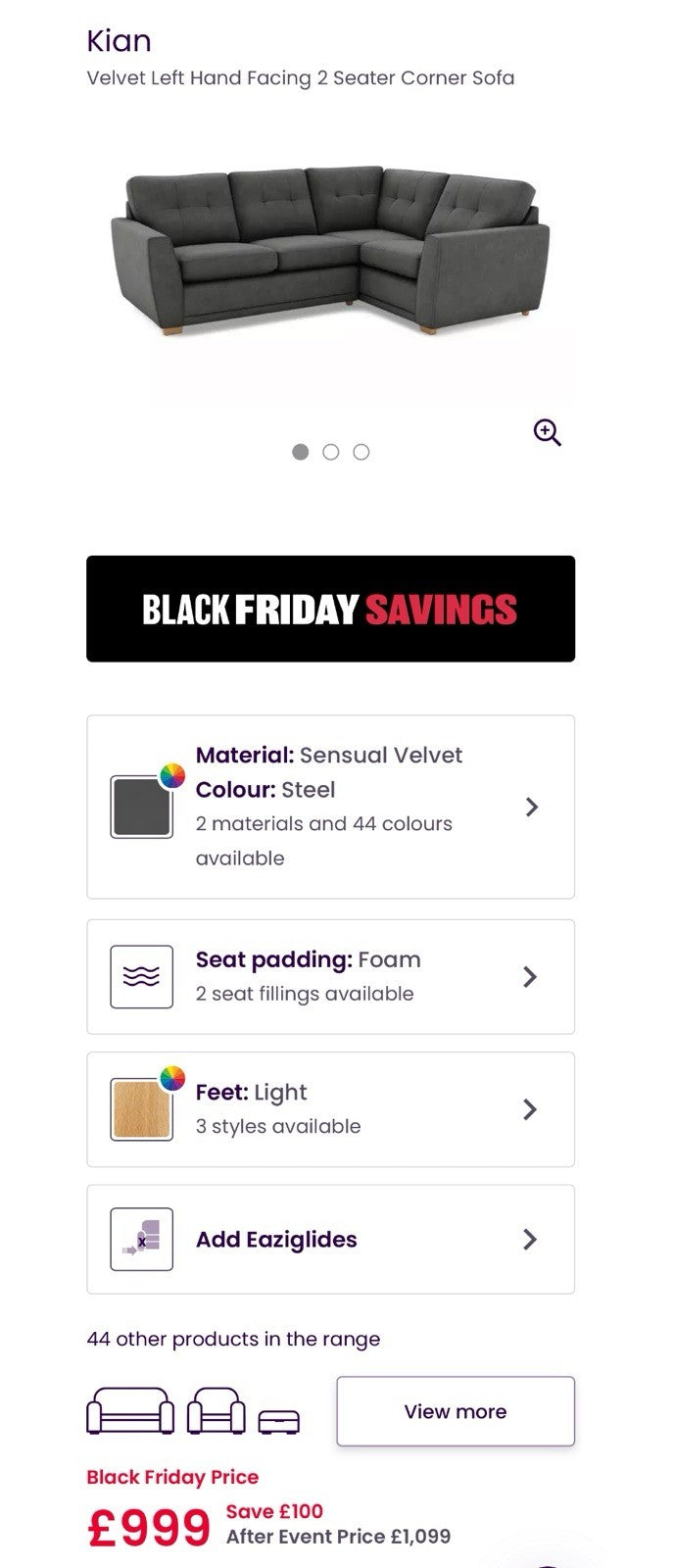 DFS Kian Corner Sofa In Grey Velvet