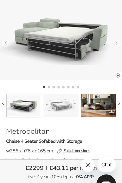 Sofology Metropolitan Fabric 4 Seater Chaise Sofa Bed with Storage