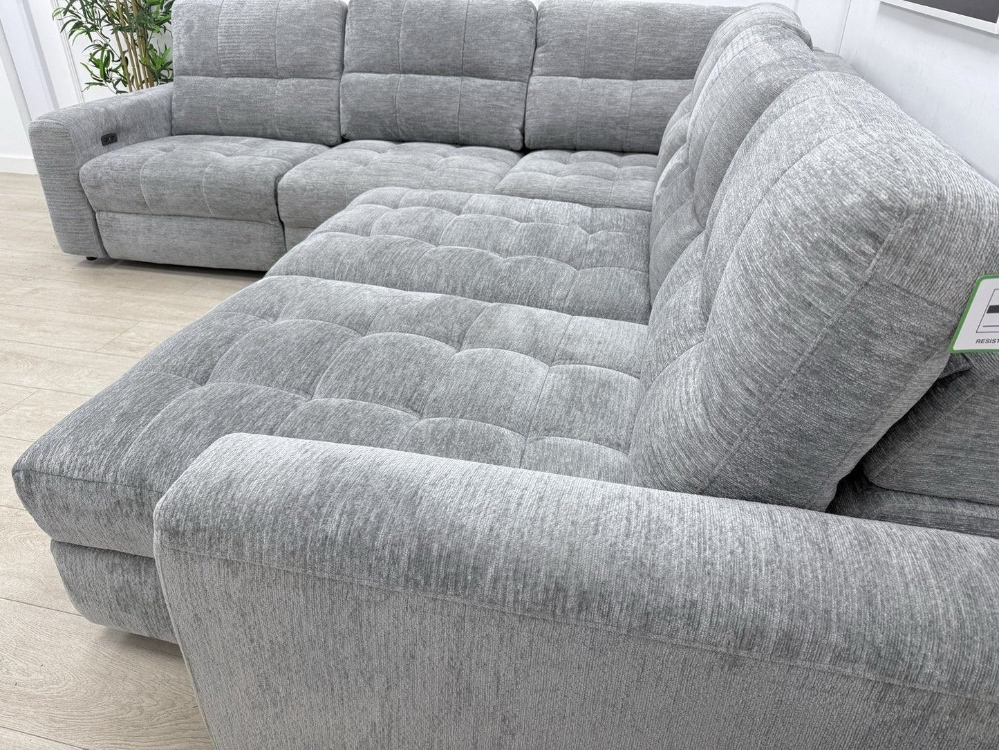 DFS Steller Power Recliner Slider Corner Sofa In Mist Grey Fabric