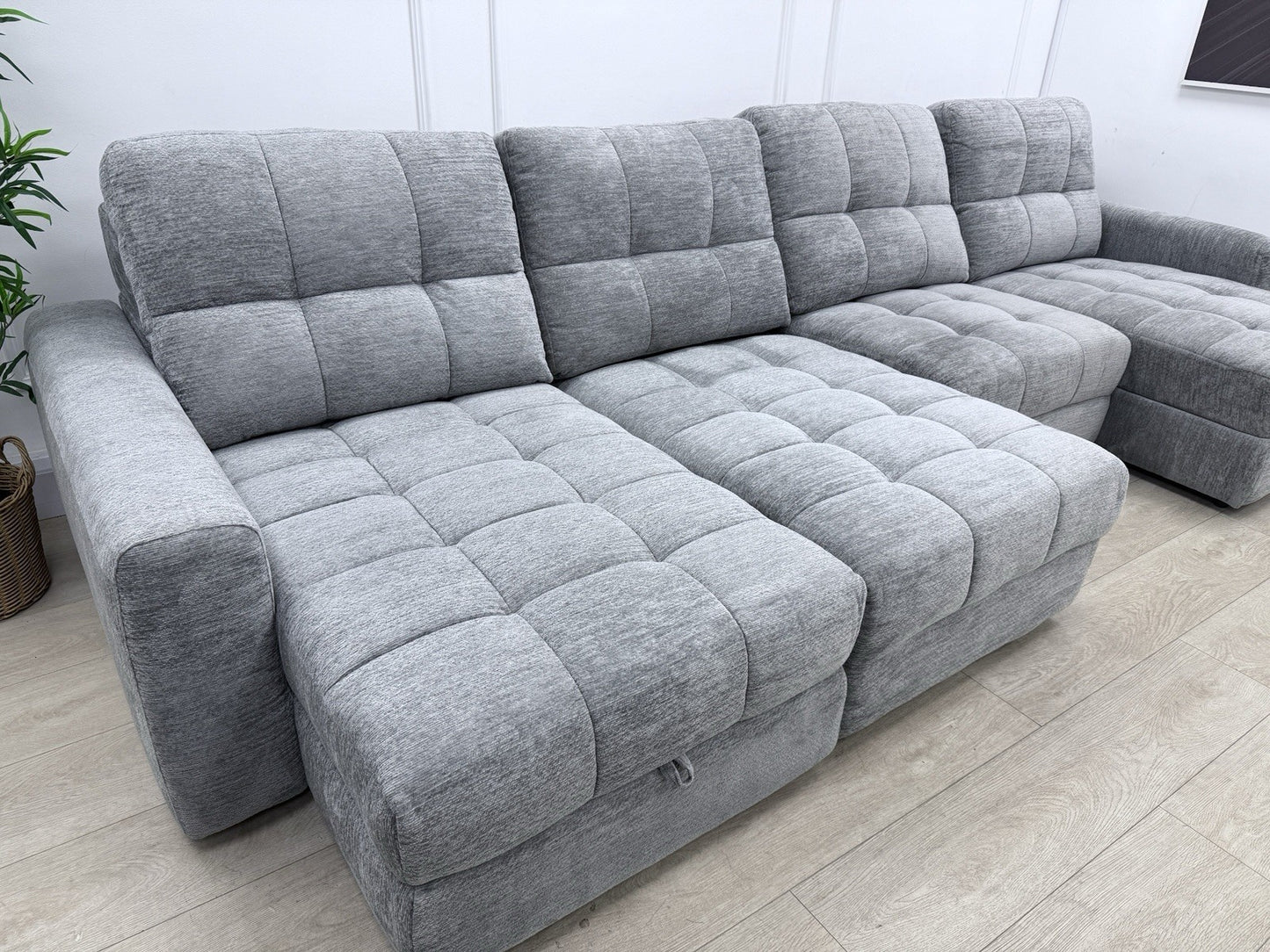 DFS Steller Power Slider U Shape Sofa In Grey Mist Fabric