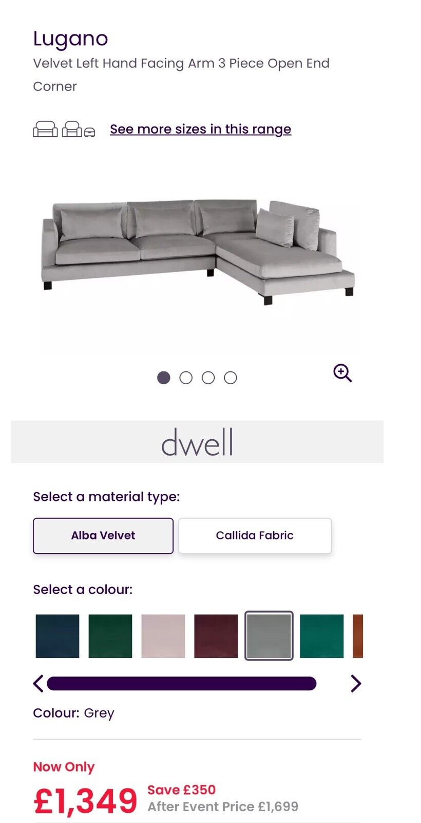 DFS Dwell Lugano Velvet Corner Sofa In Grey - Delivery Available