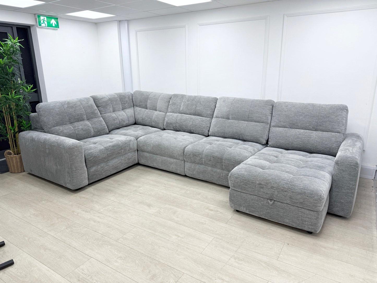 DFS Steller Power Recliner Slider Corner Sofa In Mist Grey Fabric