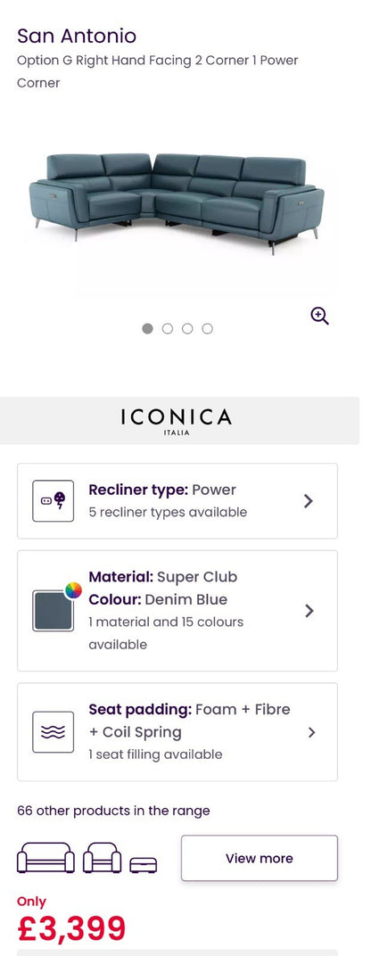 DFS San Antonio Power Recliner Corner Sofa Right Hand Facing In Blue Leather