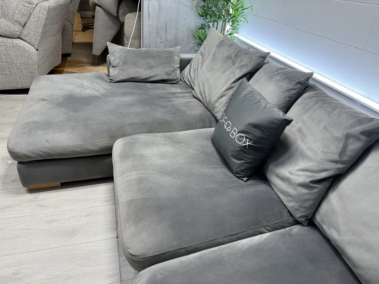 DFS Plush Velvet L Shape Sofa In Grey