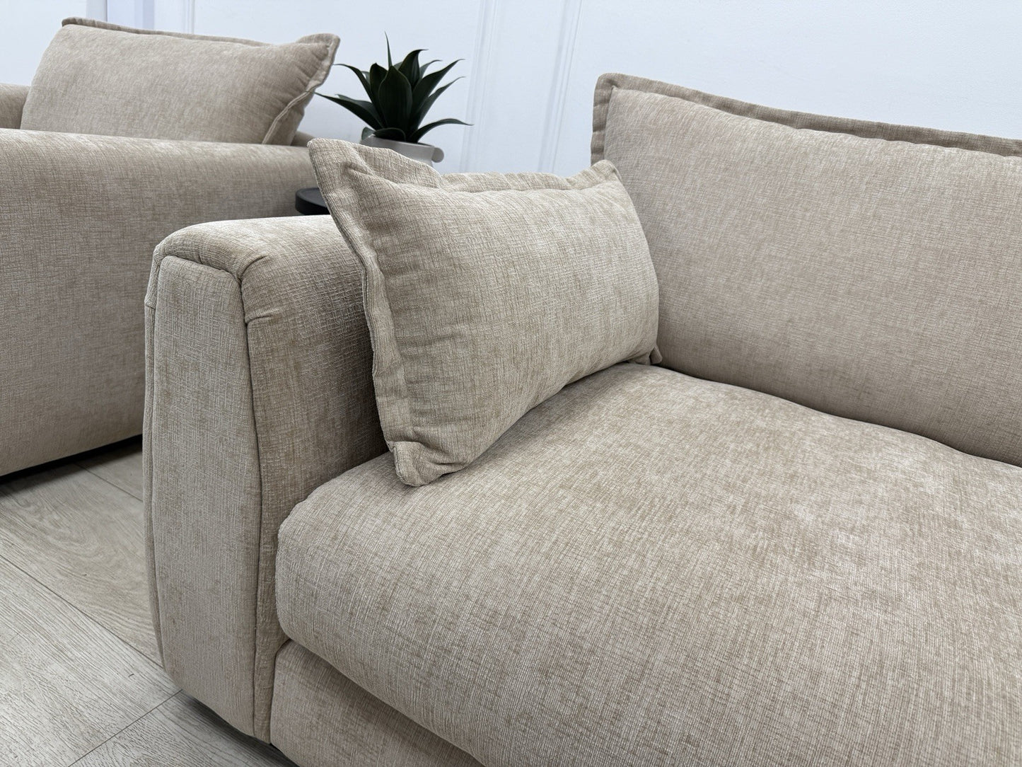 DFS Somerford 3 Seater Sofa, Armchair & Footstool In Mink Fabric