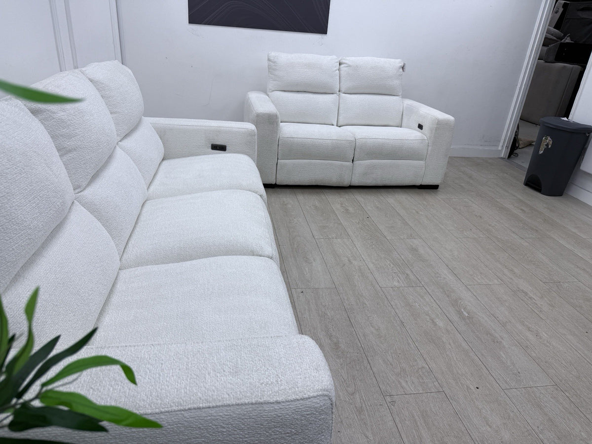 DFS Davis Power Recliner 3 & 2 Seater Sofa Set In Snow Fabric