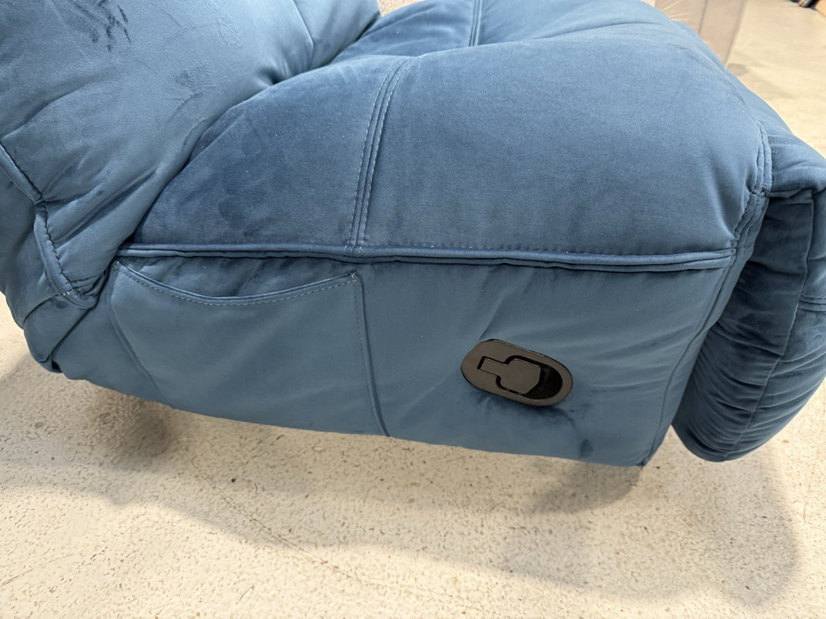 DFS Clarke Swivel Rocker Manual Recliner Chair In Blue Velvet Fabric