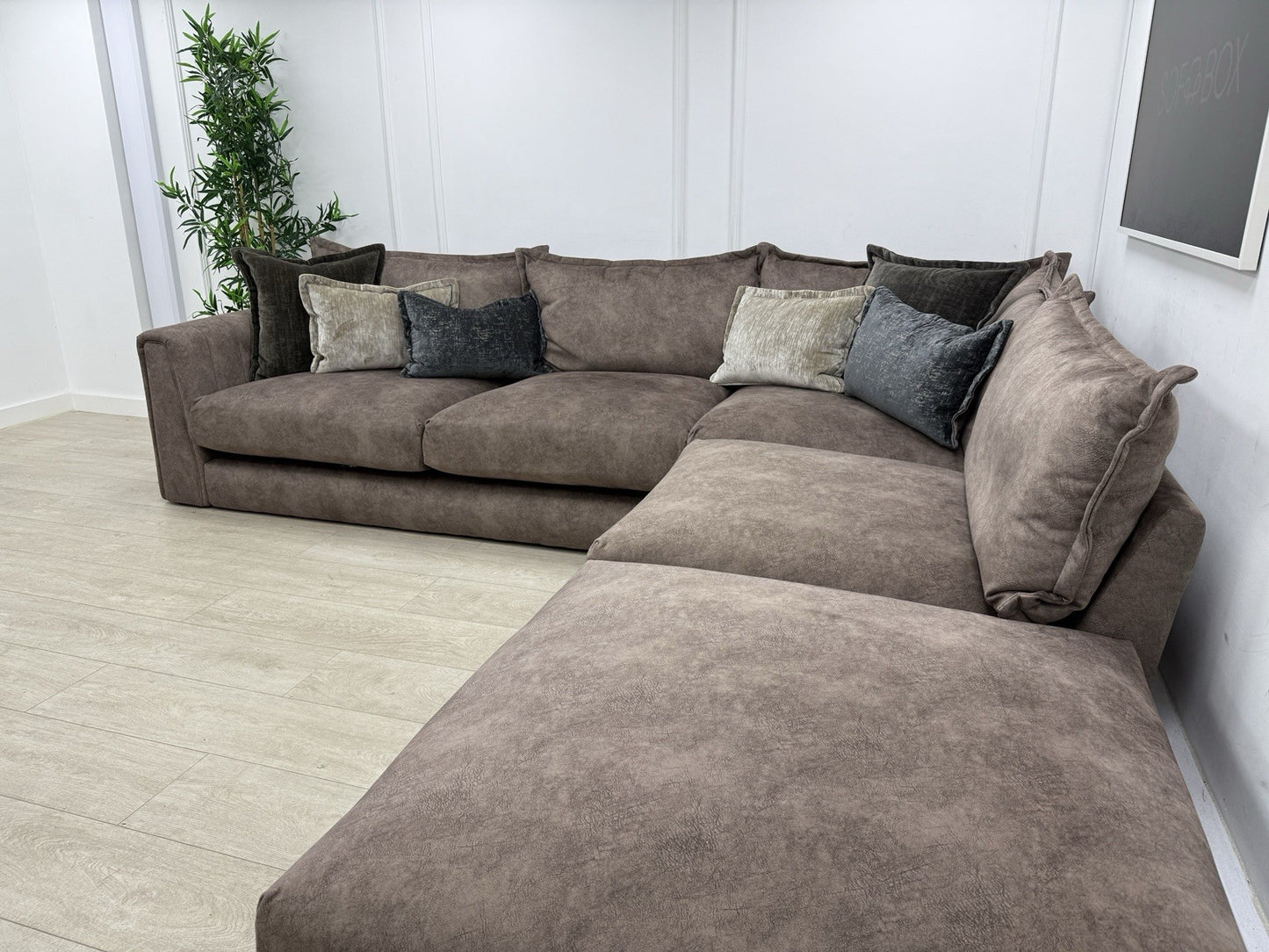DFS Devine Left Hand Facing Corner Sofa In Self Piped Chocolate Combination