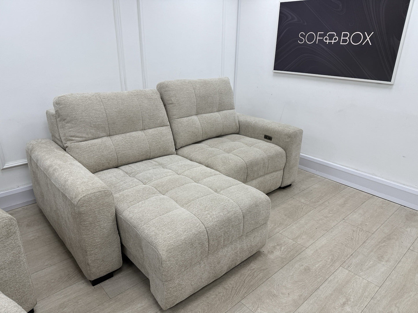 DFS Una Power Slider 3 Seater Sofa & Chair Set In Roma Oyster Fabric