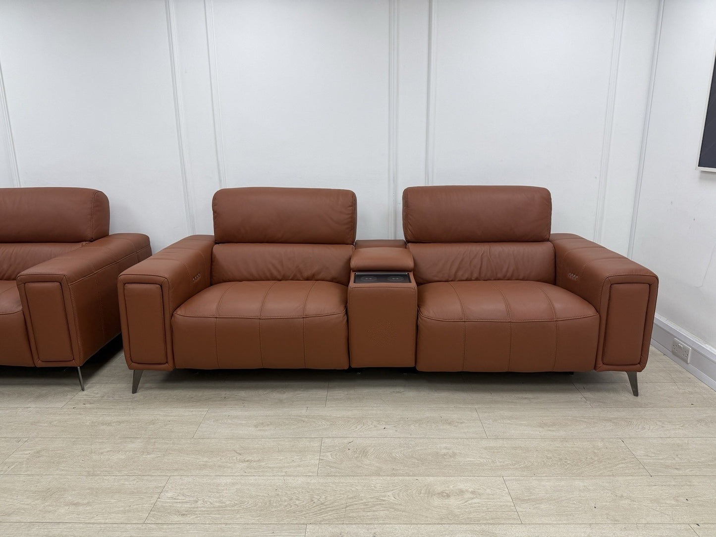 DFS Showcase 3 Seater Sofa With Smart Console & Armchair In Cinnamon Leather
