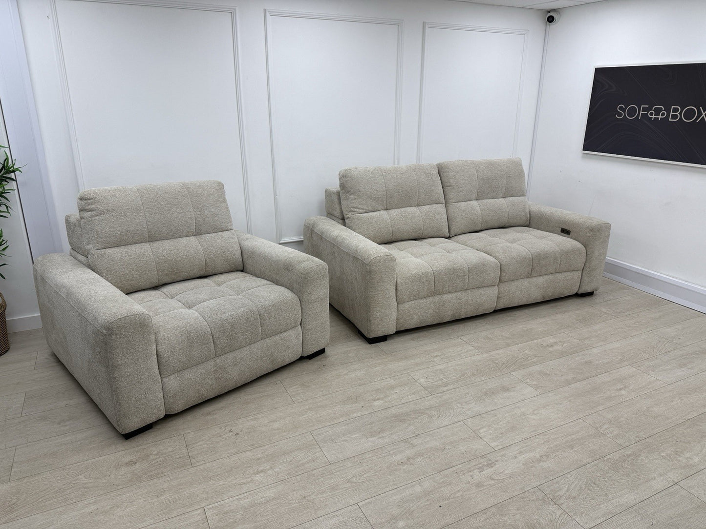 DFS Una Power Slider 3 Seater Sofa & Chair Set In Roma Oyster Fabric