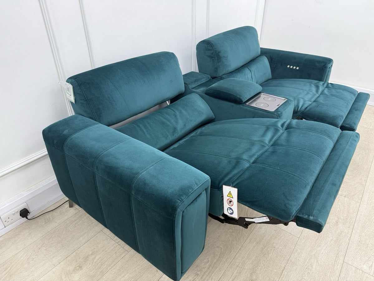 DFS Showcase 3 Seater Power Recliner Cinema Sofa In Teal Velvet Fabric