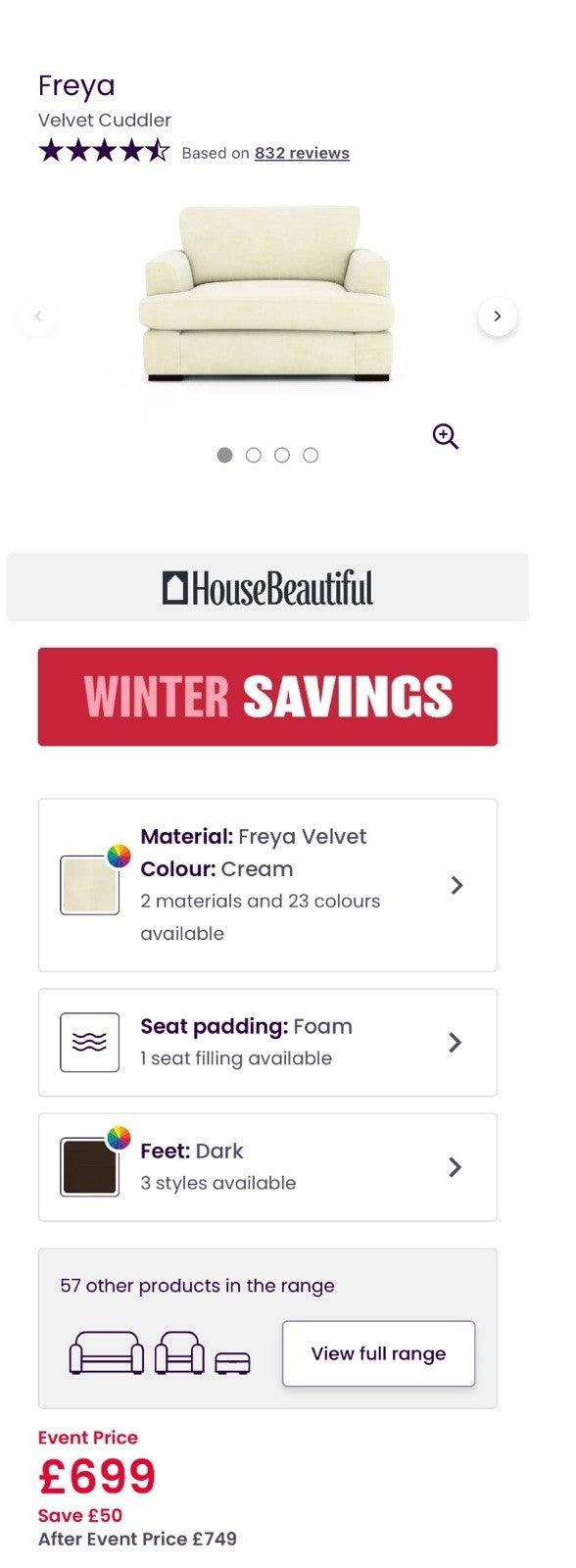 DFS Freya 4 Seater Lounger, Cuddle Chair, Footstool Set In Cream Velvet