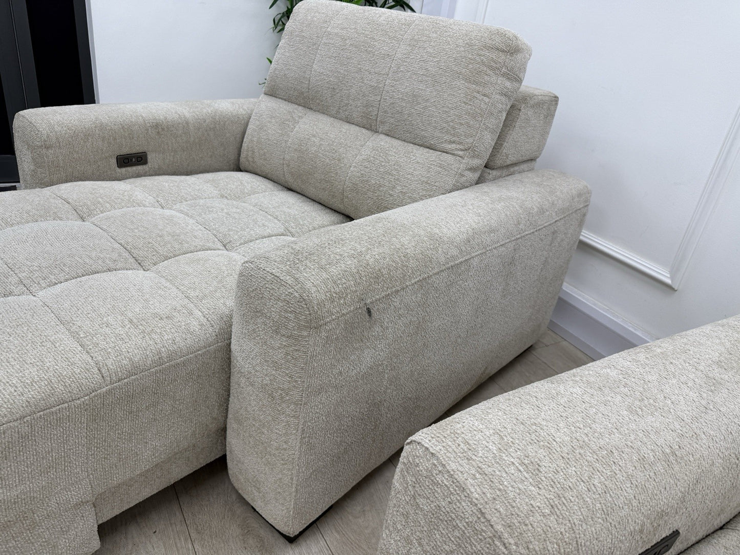 DFS Una Power Slider 3 Seater Sofa & Chair Set In Roma Oyster Fabric