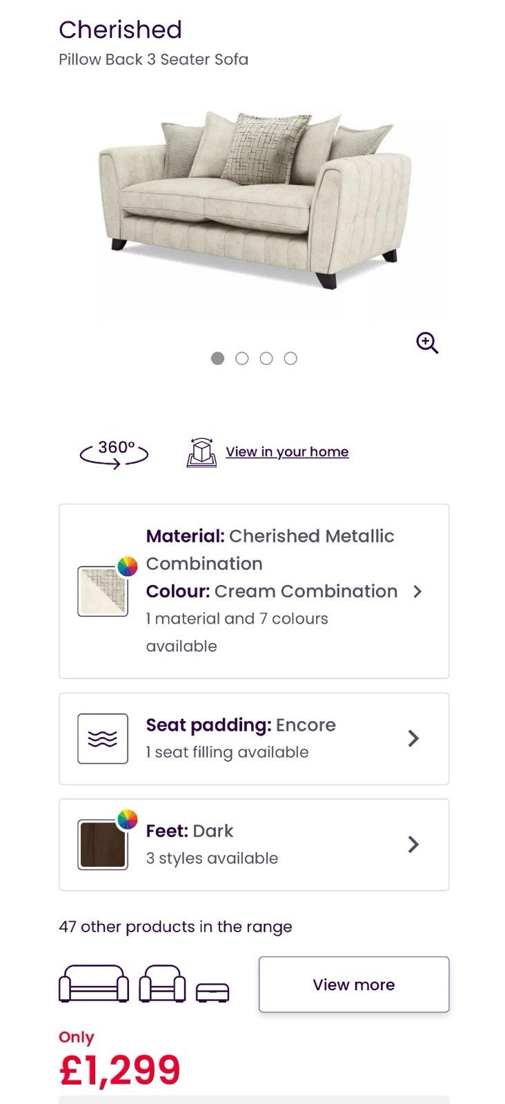 DFS Cherished Pillow Back 3 Seater Sofa In Cream Combination