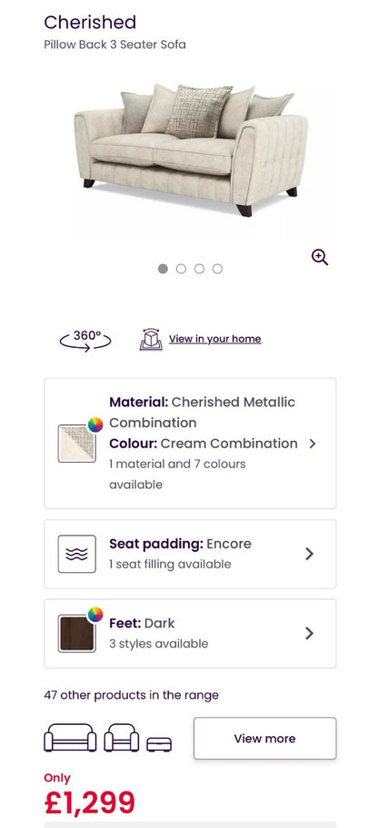 DFS Cherished Pillow Back 3 Seater Sofa In Cream Combination