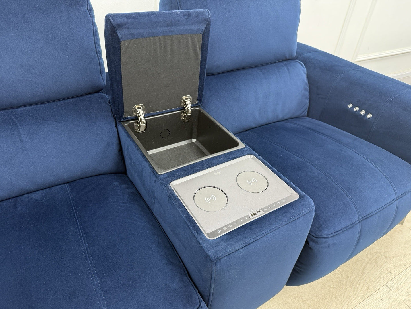 DFS Showcase 2 Seater Power Recliner Cinema Sofa In Blue Velvet Fabric