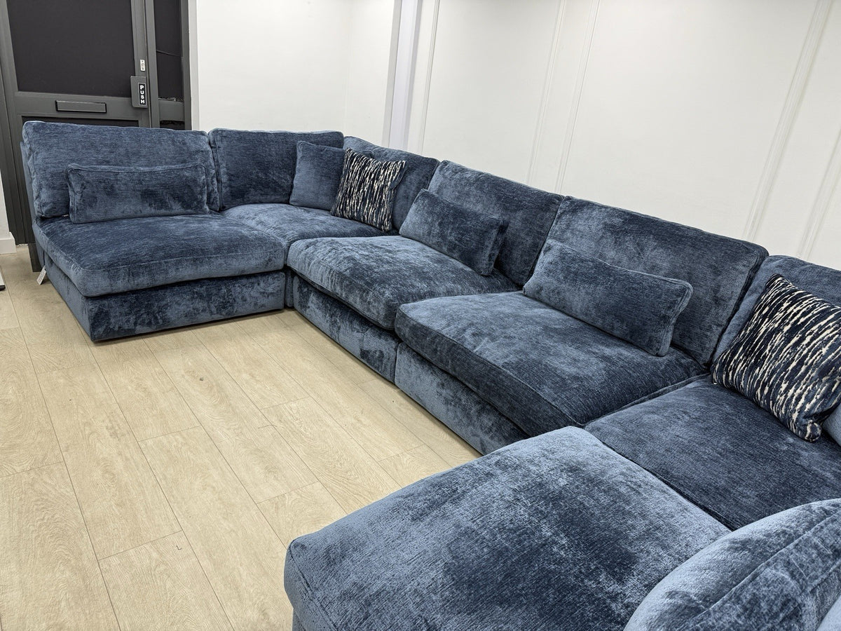 Sofology Bellagio Large U Shape Sofa In Luxury Deep Pile Chenille Denim Fabric