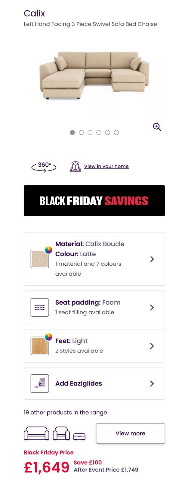 DFS Calix Swivel Corner Sofa Bed In Latte