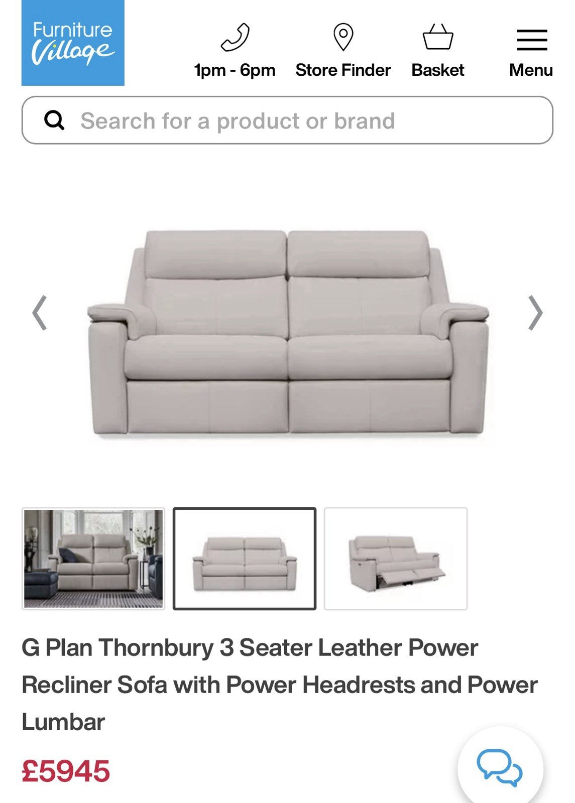 G Plan Thornbury 3 Seater Leather Power Recliner Sofa With Headrest & Lumbar
