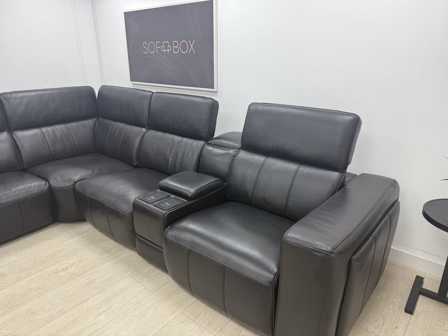 DFS Crusade Heated Power Recliner Corner Sofa Black Leather Smart Console Unit