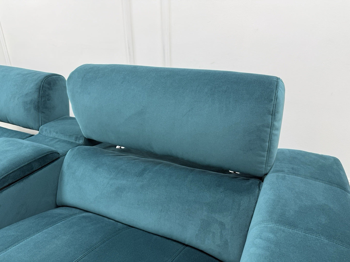 DFS Showcase Power Recliner 3 Seater Cinema Sofa In Teal Velvet Fabric