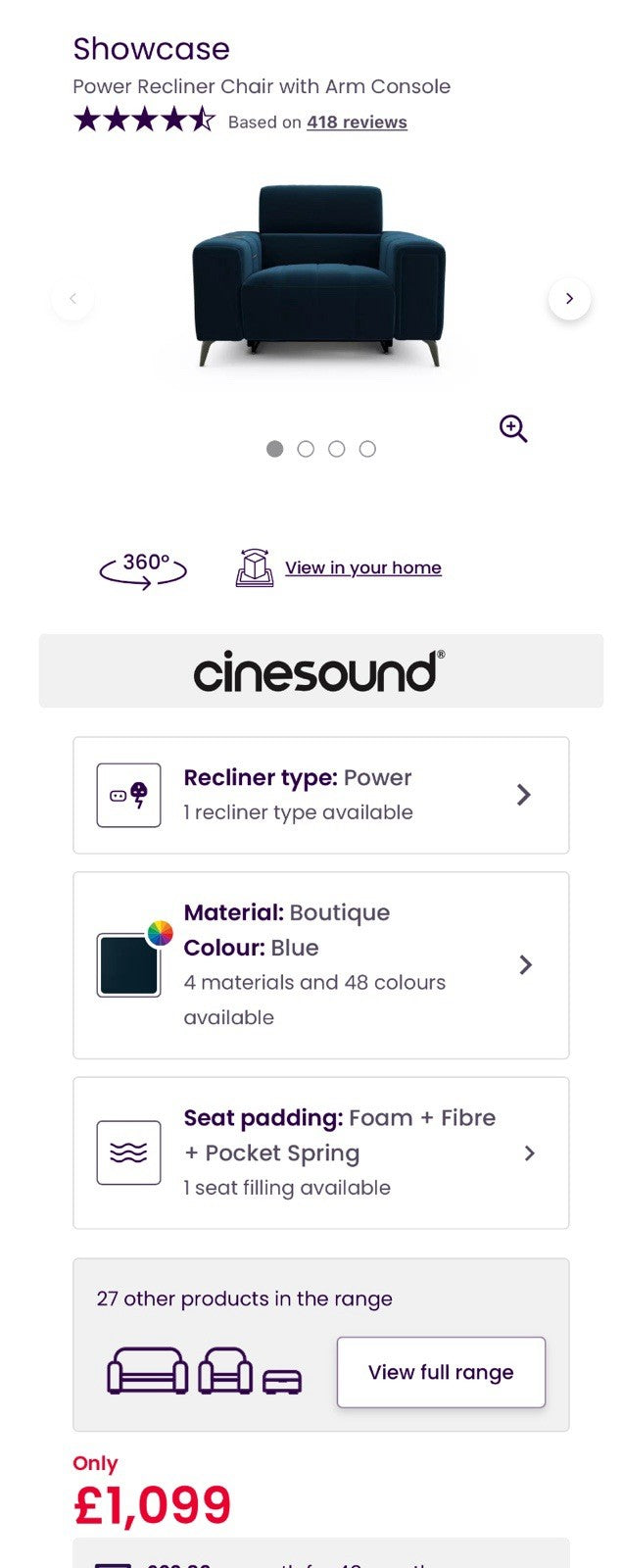 DFS Showcase Power Recliner Chair With Arm Console Cinesound In Blue