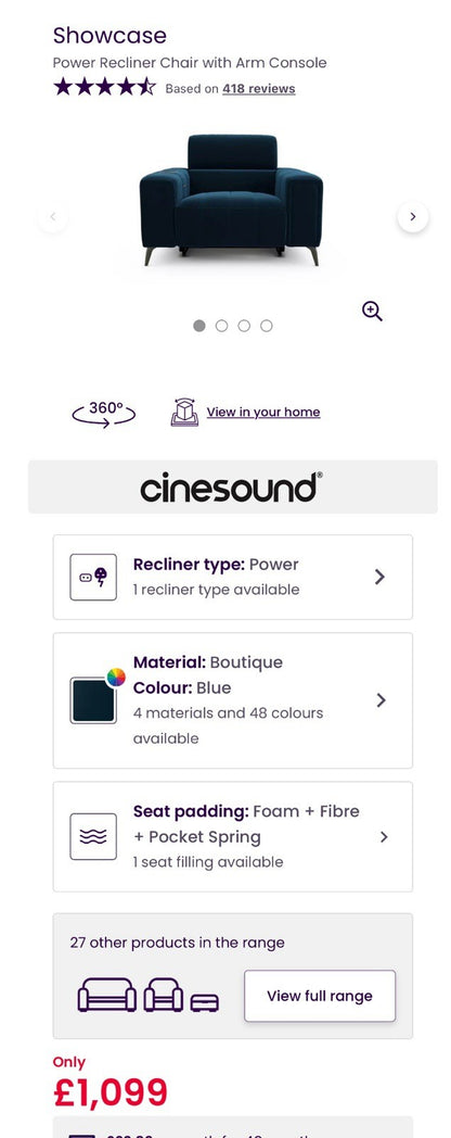 DFS Showcase Power Recliner Chair With Arm Console Cinesound In Blue