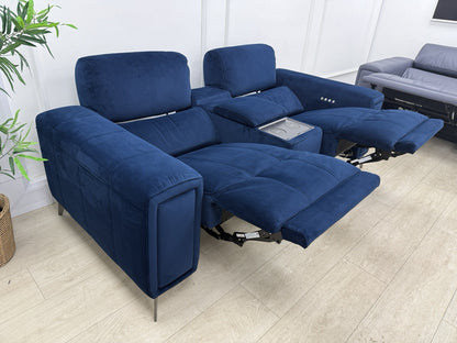 DFS Showcase 2 Seater Power Recliner Cinema Sofa In Blue Velvet Fabric