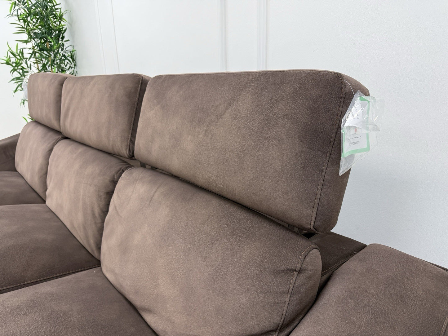 Furniture Village Xavier 3 Seater Chaise Sofa Power Recliner/Headrests In Brown Fabric